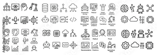 Artificial intelligence icons set: automation and robotics