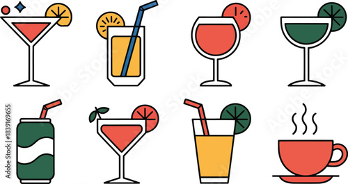 Collection of eight flat design beverage icons with citrus garnishes and straws drink cocktail