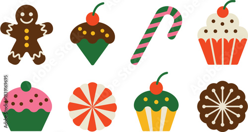Collection of eight flat design Christmas holiday treats and candies gingerbread cookie
