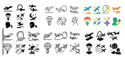 Airplane icons and parachute symbols collection