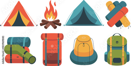 Collection of flat design camping equipment including tents sleeping bags and backpacks campfire