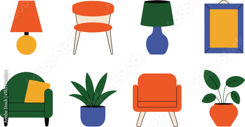 Collection of flat design furniture and potted plants in orange green and blue lamp yellow