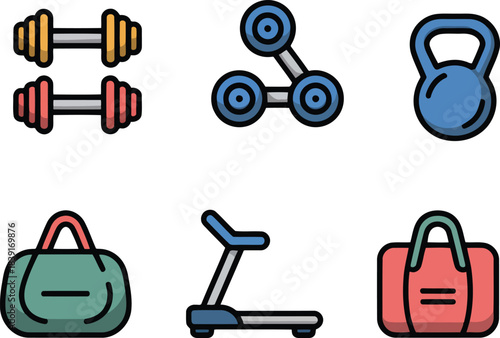 Collection of flat design fitness equipment icons including dumbbells kettlebell treadmill and gym bags