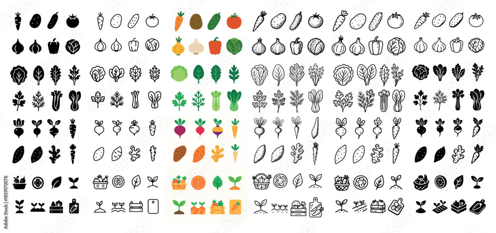 Fototapeta premium Colorful and black-and-white vegetable icons collection