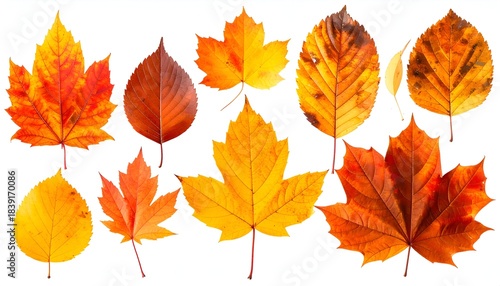 Assortment of vibrant, colorful fallen leaves of varying shapes and shades against white