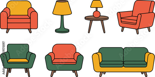 Collection of retro style armchairs sofas and lamps in orange green and yellow couch table