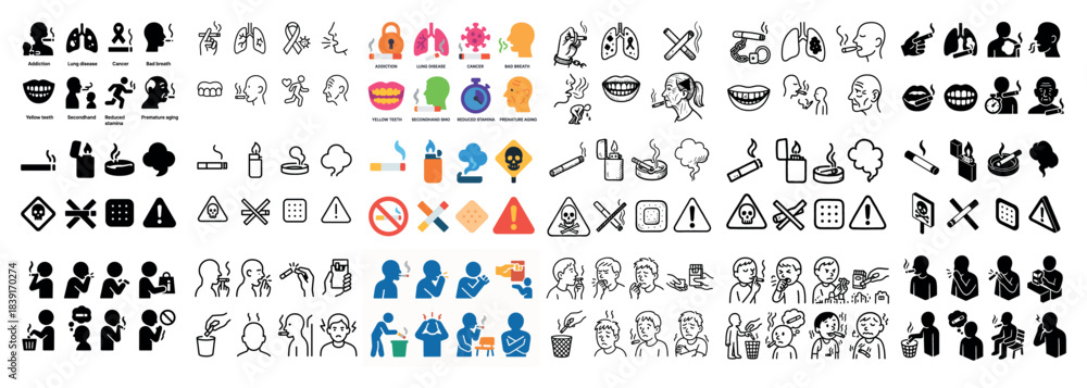 Obraz premium Diverse smoking awareness icon set collection