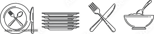 Vector illustration of dining icons—plate, utensils, bowl, and dishware for food, kitchen, restaurant, cooking, meal, and culinary design