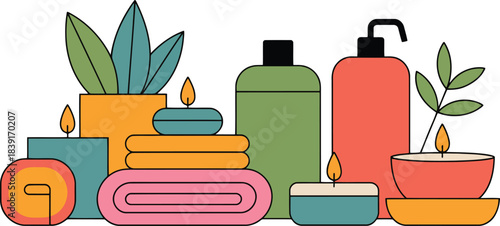 Collection of spa items including candles lotion bottles and plants in flat design wellness relaxation