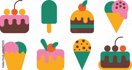 Collection of stylized cakes ice cream cones and popsicle in flat design style vector
