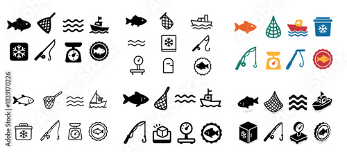 Variety of fishing icons in black and colorful styles