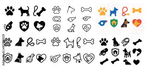 Dog icons and symbols collection in black and color