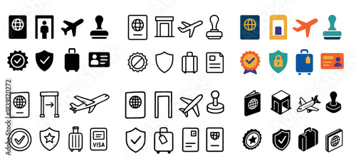 Travel icons set: passport, plane, luggage, visa