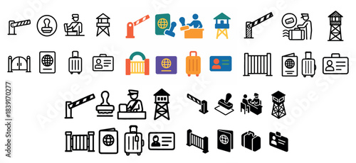 Border control icons set: passport, luggage, barrier