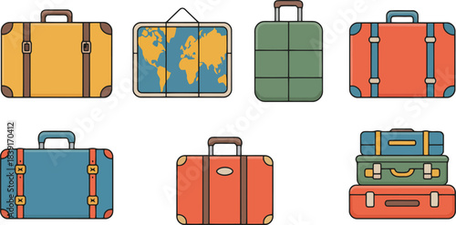 Collection of vintage style suitcases and a world map illustration luggage travel