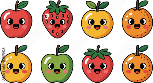 Cute cartoon red apple yellow apple green apple orange strawberry fruits with happy faces vector