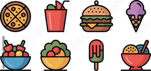 Flat design icons of pizza burger ice cream drink salad and fruit bowl cone
