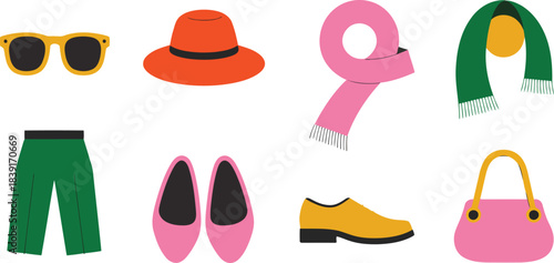 Flat illustration of yellow sunglasses orange hat pink scarf green scarf green pants pink ballet flats yellow shoe pink handbag