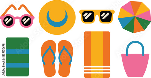 Pink sunglasses yellow hat orange flip flops colorful beach umbrella green towel orange towel pink bag