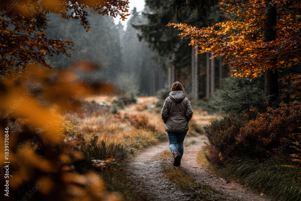 Obraz premium Person walks on a misty path through an autumn forest with orange leaves