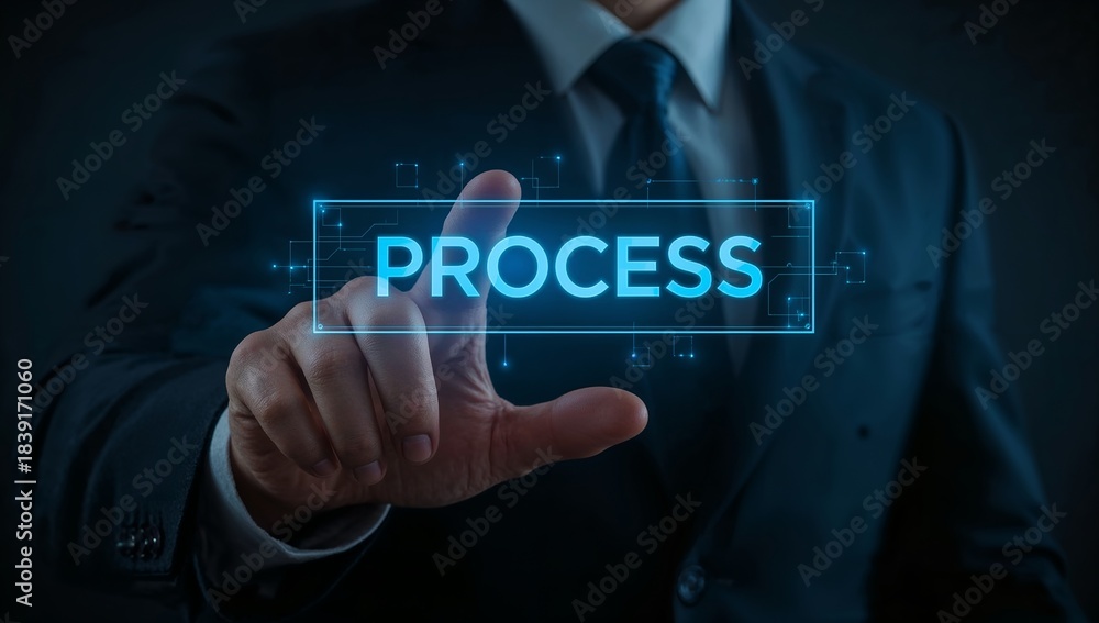 Obraz premium a business person clicks on process on digital screen. A businessman in a suit with a thoughtful expression is seen, pointing towards a virtual interface that reads process.