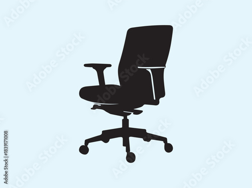 Solid black silhouette of swivel office chair slightly tilted on clean white background
