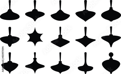Black silhouette ornament collection hanging from invisible strings isolated