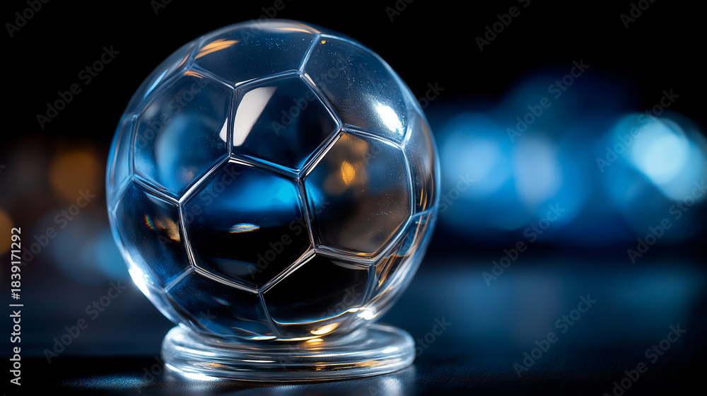 Naklejka premium Perfectly symmetrical soccer, ball clear glass, resting dark surface, sleek transparent design, smooth reflections modern, elegant artistic look, sports equipment visual, defocused