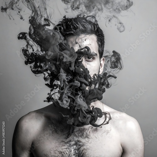 Man shrouded in dark smoke, intense gaze
