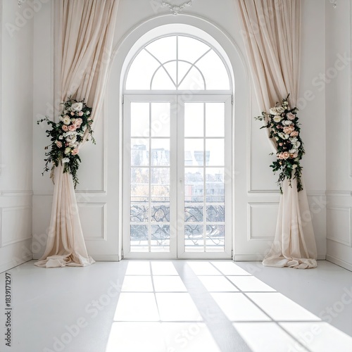 A sunlit, elegant white room with arch window