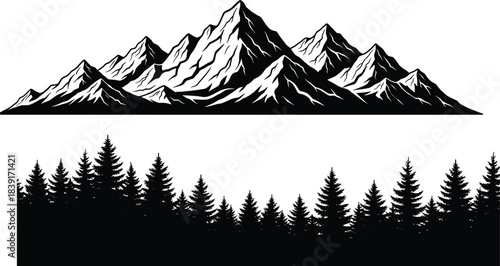 Mountain and forest silhouette, rugged peaks, pine trees, black illustration, nature design, outdoor landscape, wilderness scene, scenic elevation, adventure art
