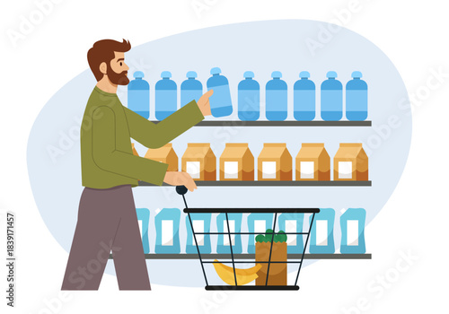 Man with a shopping cart in a supermarket buys grocery products in store. Buyer with trolley takes goods from shelves. Flat vector illustration.
