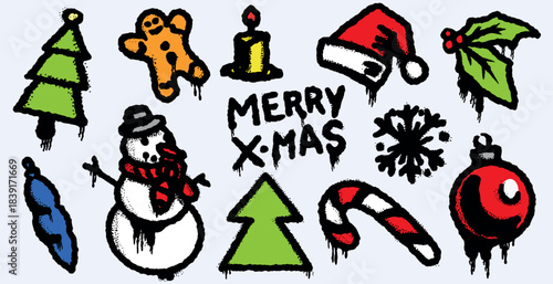 Merry Xmas Collection of a graffiti design elements. Snowman, tree, hat, lollypop gingerbread. Bald grungy modern style. Hand drawn texture.