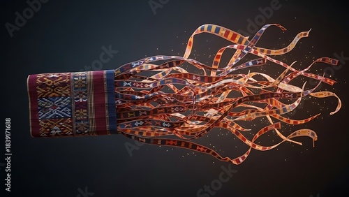 Intricate textile art with tentacle-like extensions on a dark background.
