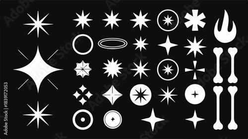 Assortment of white starbursts, circles, and bone shapes on black