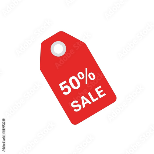 Red 50 Off Sale Tag on White Background