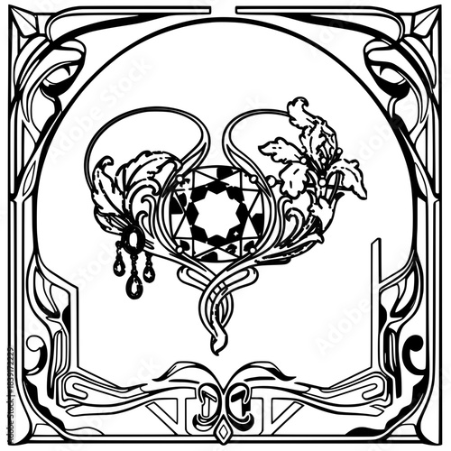 Jewelry piece icon, elegant design, artistic floral decoration, black and white, copy space