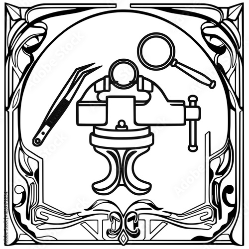 Jewelry tools icon, craftsman equipment, artistic design, black and white, copy space