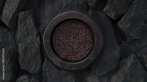 Dark metallic bowl filled with small, reddish-brown granules, set against a backdrop of rough, dark gray stones
