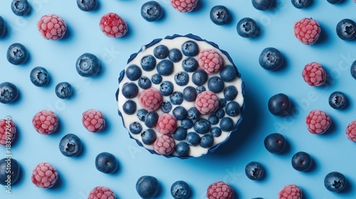 Fresh berries, blueberries, and raspberries arranged around a dessert bowl on a vibrant blue background
