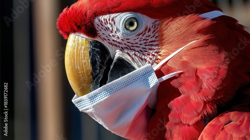 Close-up of a vibrant red macaw wearing a light blue mask