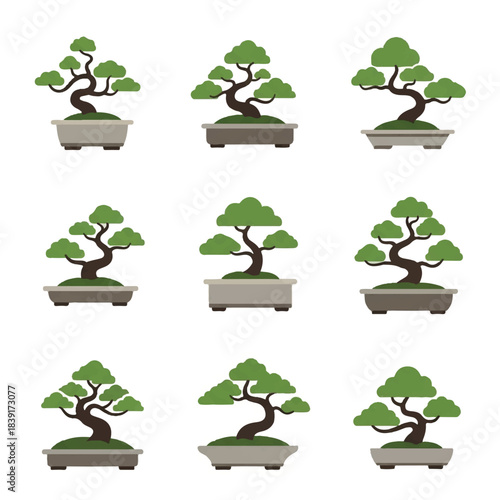 Nine bonsai trees arranged in a grid pattern on gray pots, showcasing serene garden scenery.
