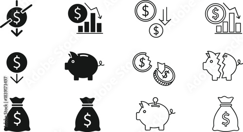 Financial icon set, savings and decline symbols, piggy bank and money bag graphics, economic loss illustration, black and white finance concept