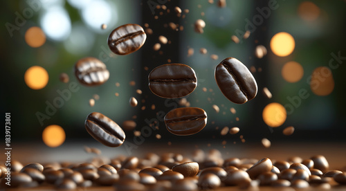 Floating coffee beans in mid-air above a bed of roasted coffee grounds, surrounded by a soft bokeh background, creating a warm and inviting atmosphere for coffee lovers