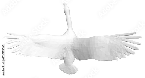 A graceful white swan flies with wings outstretched, its glistening feathers and curved neck captured mid-motion in a polygonal art style. Top view