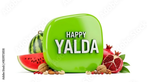 yalda label with happy yalda text on a green shape, pomegranate watermelon winter fruits yalda sale 