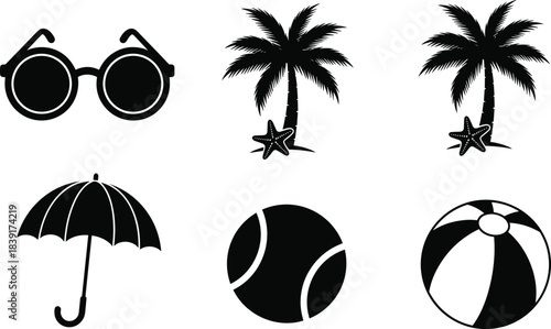 Summer, Beach, Vacation, Silhouette, Palm, Tree, Starfish, Sunglasses, Umbrella, Tennis, Ball, Beach, Ball, Icon, Black, White, Minimal, Leisure, Outdoor, Activity