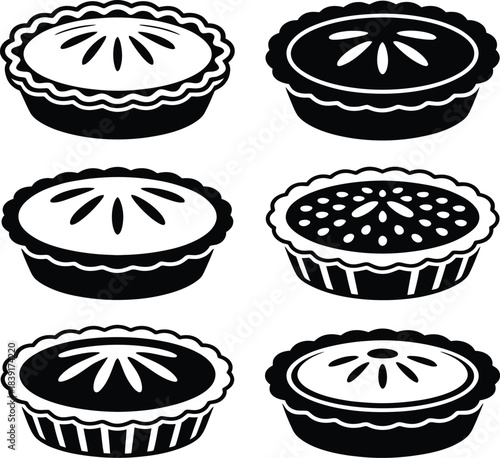 Variety of freshly baked pies in black and white illustration