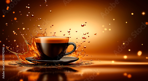 Coffee cup splashing with rich brown liquid, surrounded by droplets, set against a warm golden background, creating a dynamic and inviting beverage scene