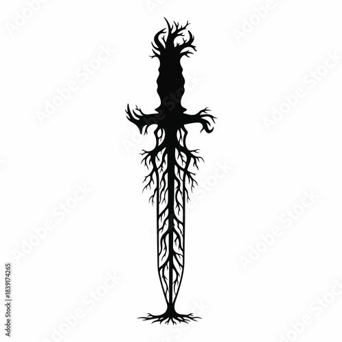 Mystical Blade of Nature An Enchanting Graphic Illustration Featuring a Sword Forged from Intertwined Tree Roots and Branches, Symbolizing Organic Strength and Ancient Power